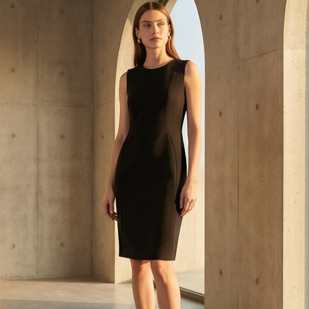 Calvin‎ Klein 14 Black Sleeveless Sheath Cocktail Dress Gold Back Zip NWT RV $90